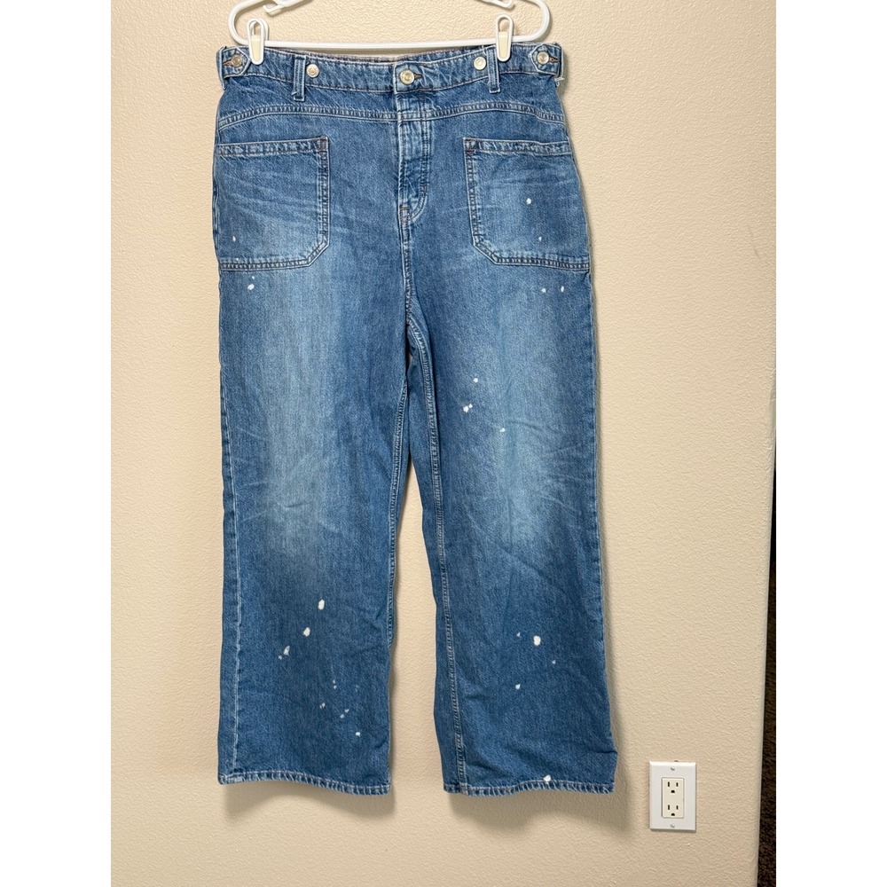 We The Free People Paint Splatter Wide Leg High Rise Utility Jeans Blue Cotton